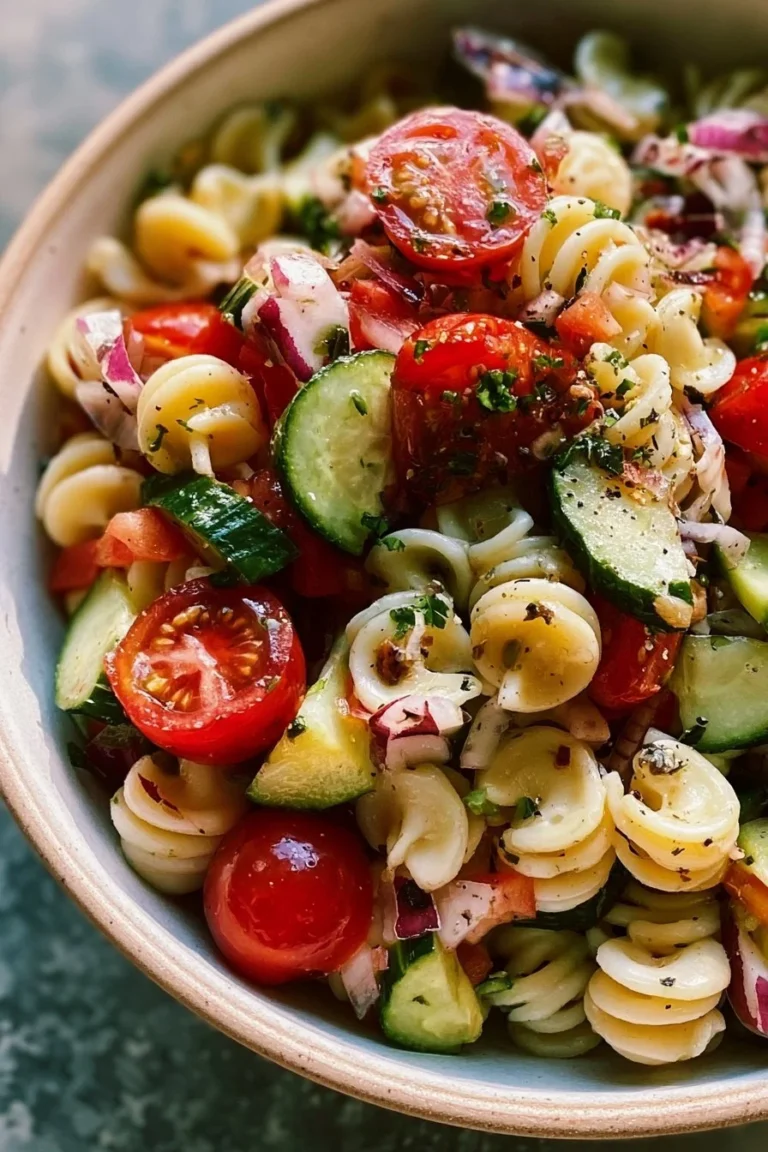 Salade de pâtes saine avec tomate, concombre et oignon pour un repas équilibré.