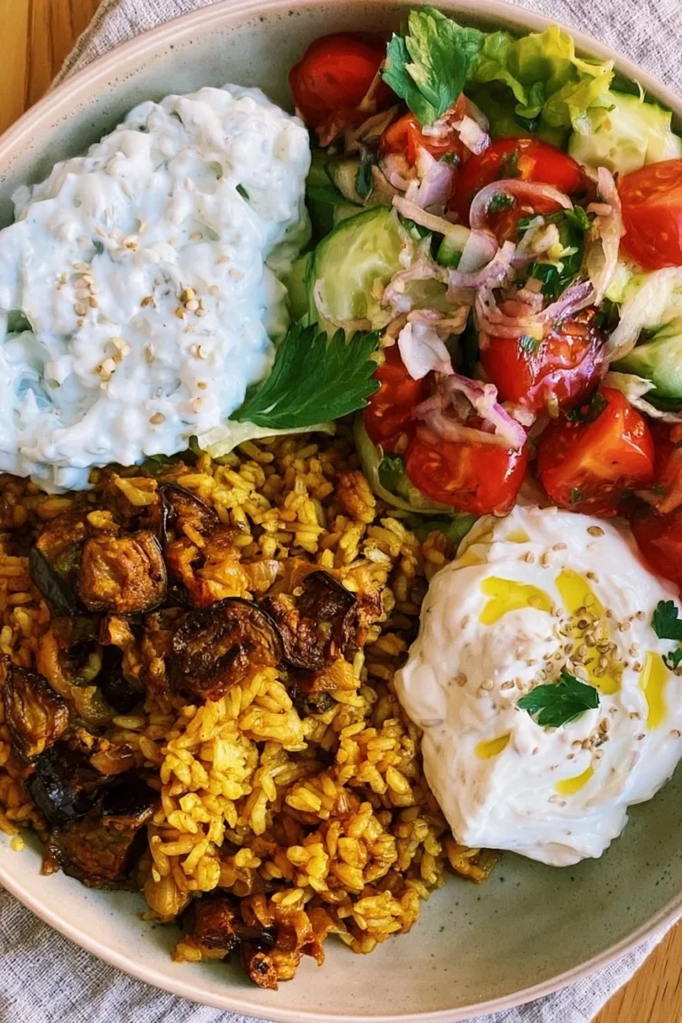 Riz aubergines et curry avec tzatziki et salade - recette facile et savoureuse.