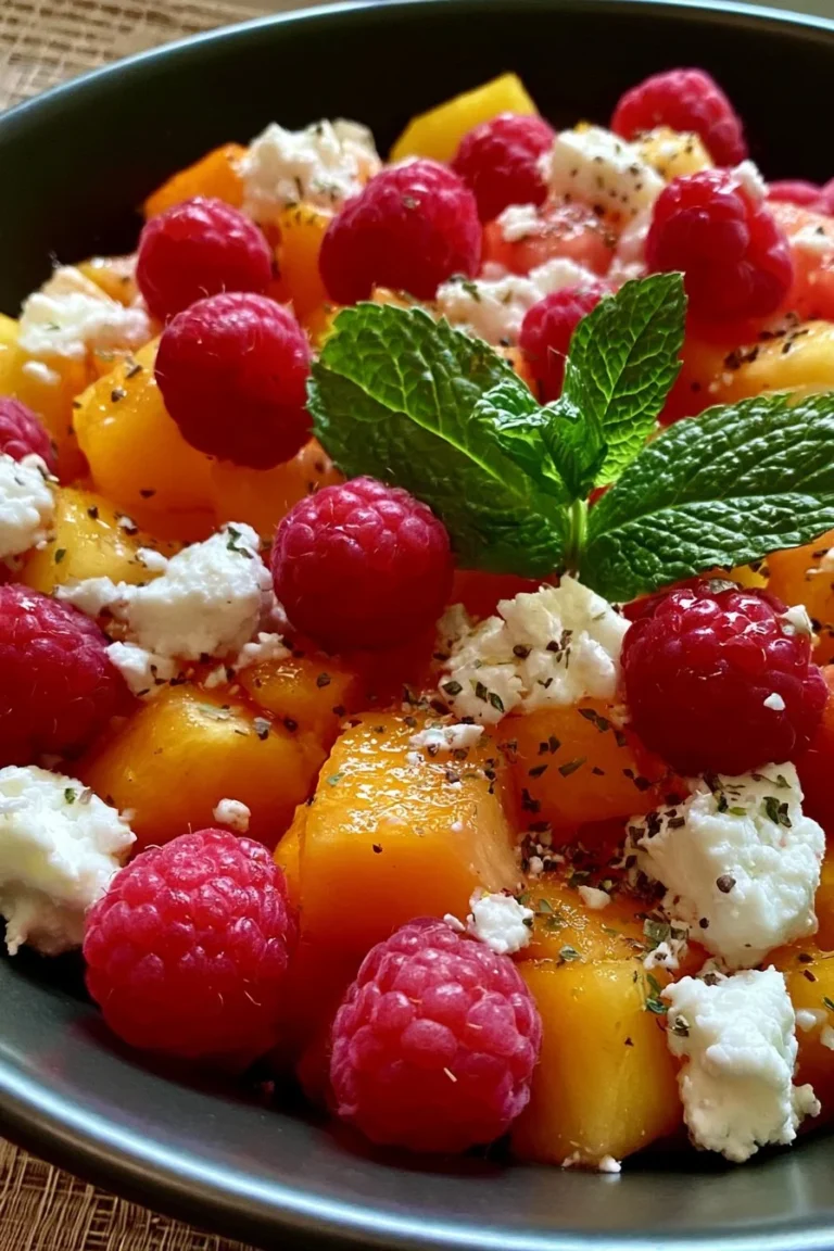 Salade de melon, framboises, feta et vinaigrette à l'orange sucrée