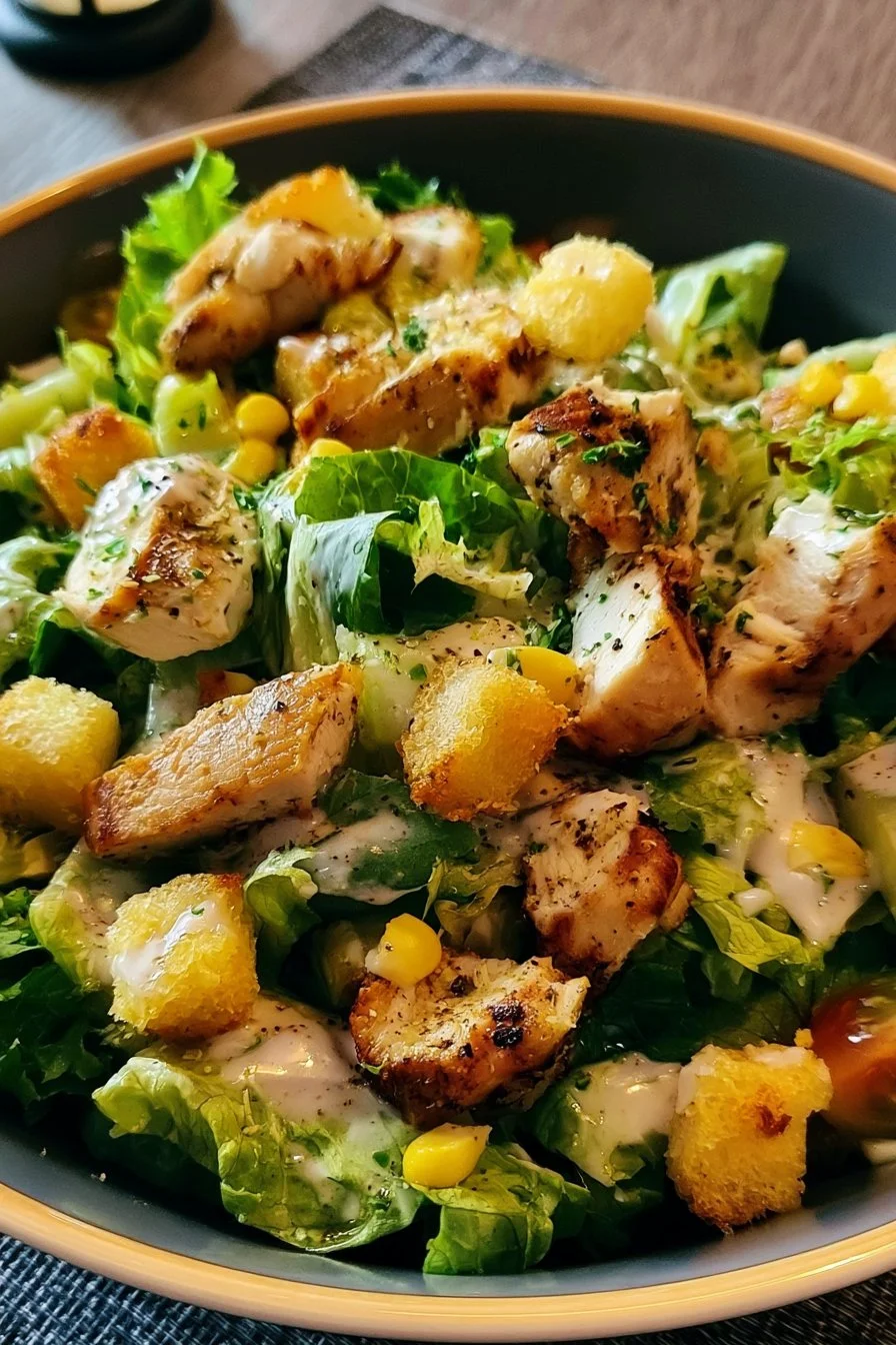 Salade césar aux poulets garnie de croûtons et fromage