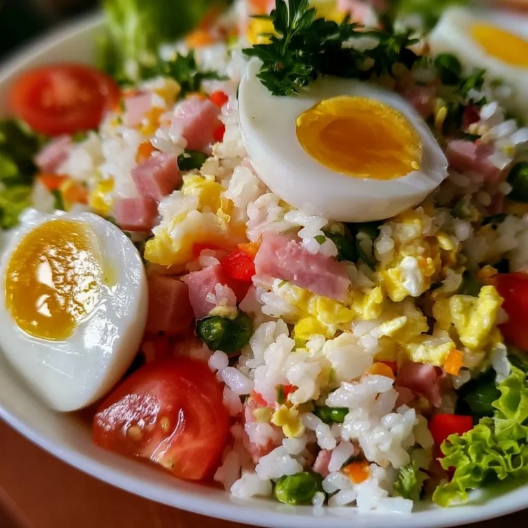 Salade composée avec riz, jambon et œufs, un plat frais et équilibré.