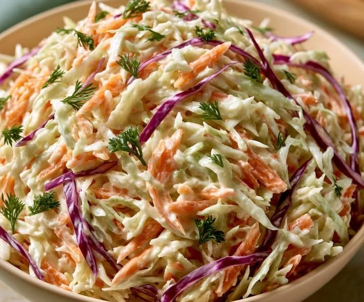 Salade de chou crémeuse servie dans un bol, garnie de carottes et de persil.