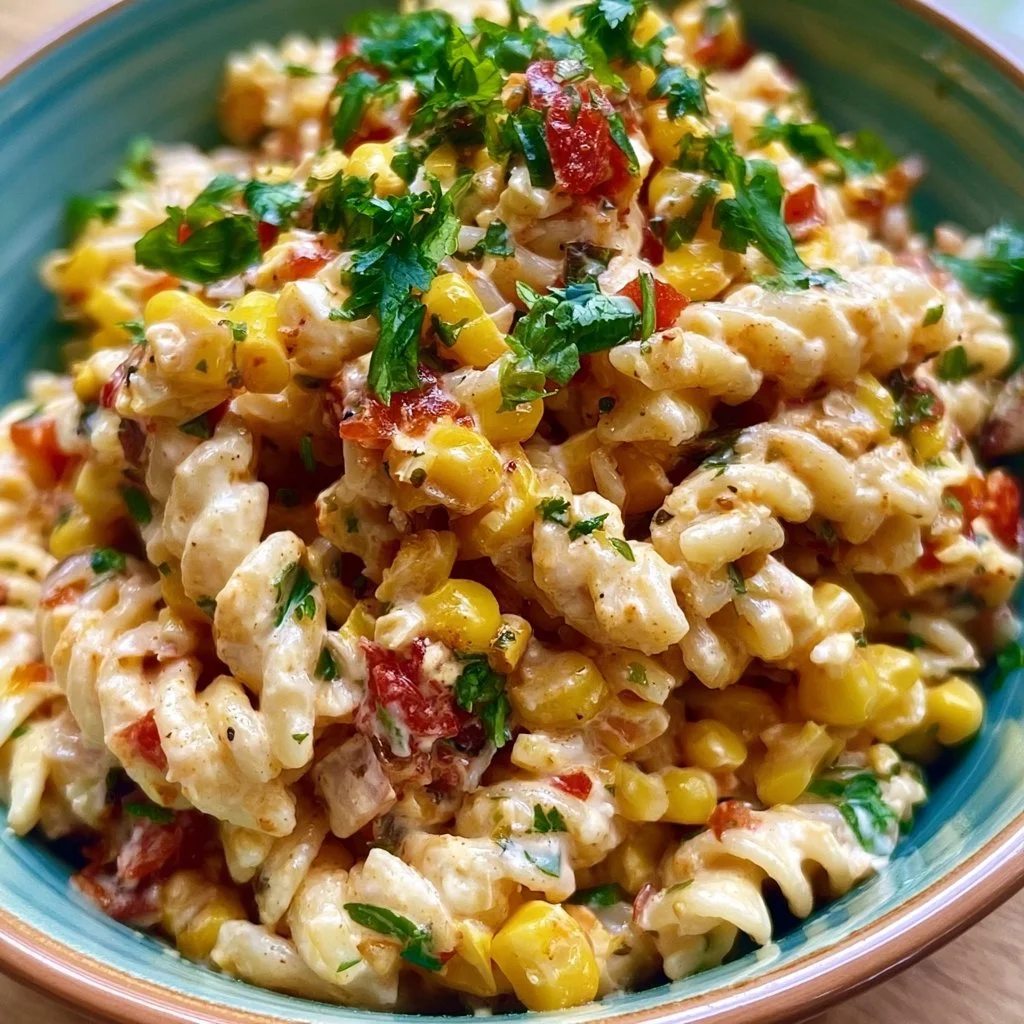 Salade de pâtes au maïs de rue, fraîche et savoureuse, dans un bol.