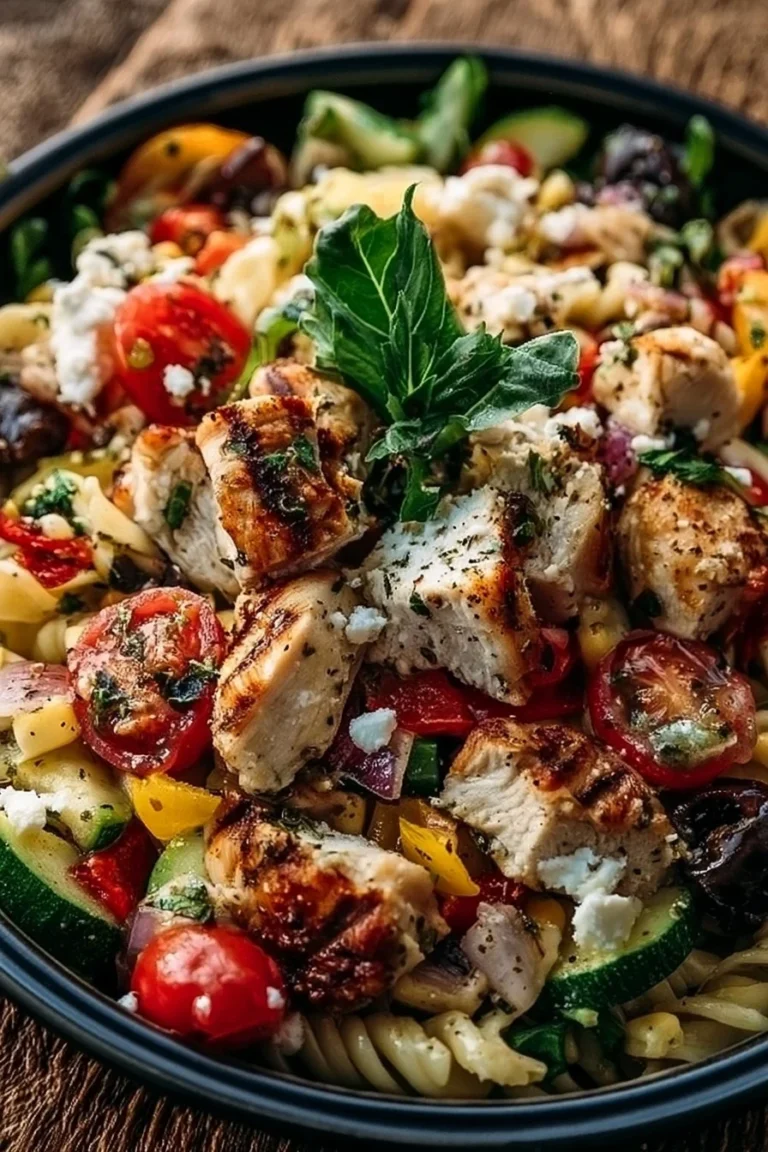 Salade de pâtes au poulet méditerranéenne garnie de légumes frais et d'herbes