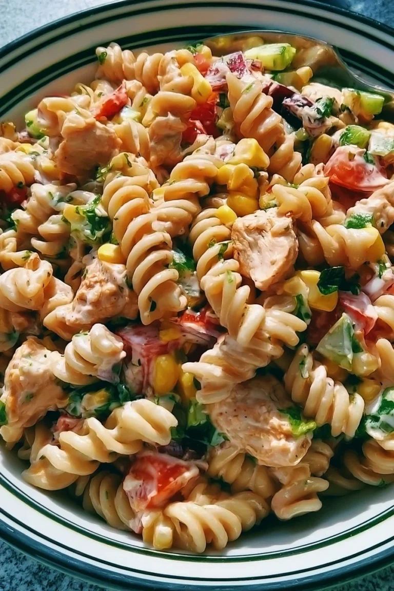 Salade de pâtes au poulet barbecue, plat coloré et savoureux.