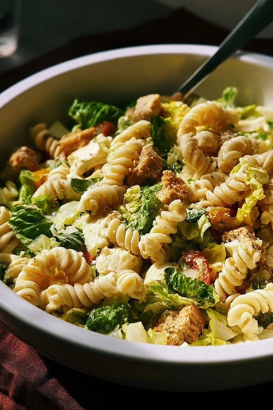 Salade de pâtes César servie dans un bol avec des ingrédients frais