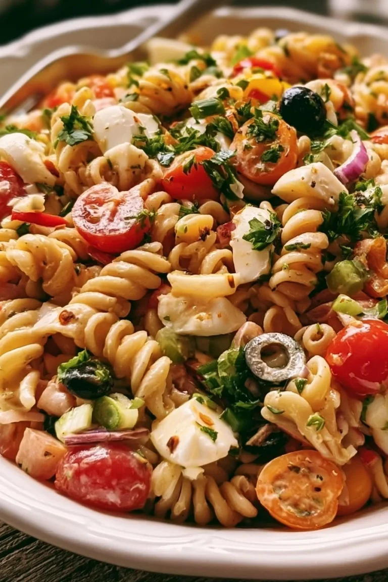 Salade de pâtes chargée avec légumes fraîches et vinaigrette