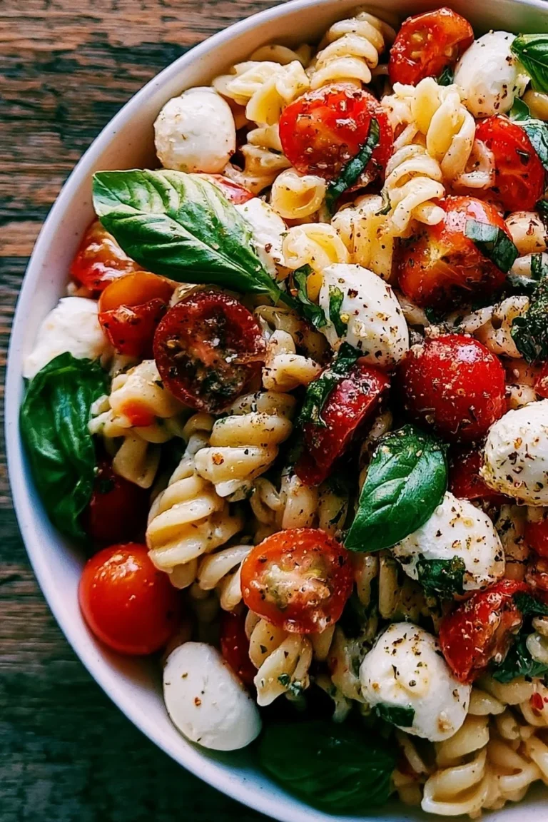 Salade de pâtes crémeuse Caprese avec tomates, mozzarella et basilic frais.