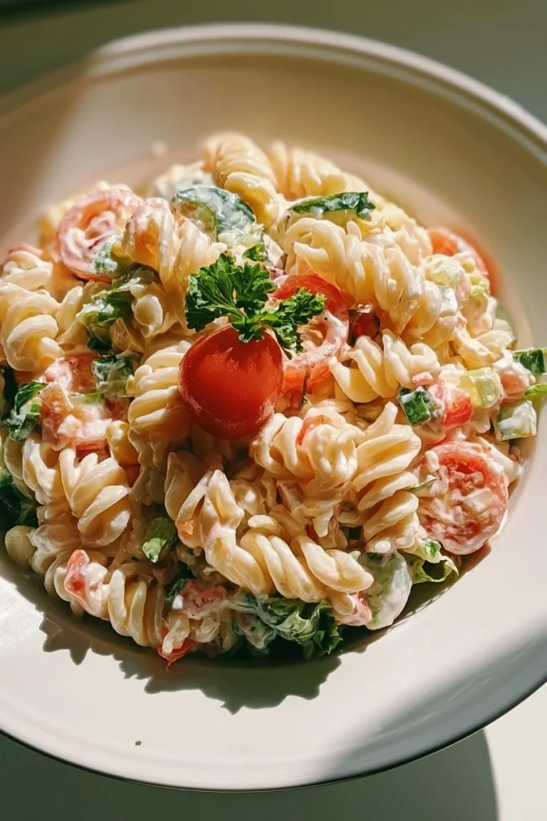 Salade de pâtes crémeuse d'été avec légumes frais et herbes.