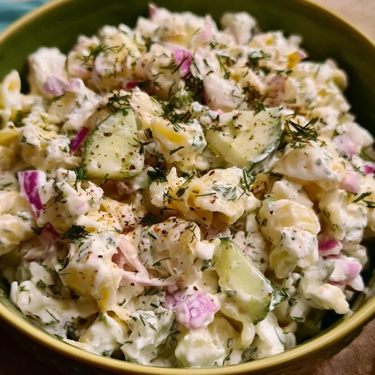 Salade de pâtes façon tzatziki, un plat frais et savoureux à base de pâtes et tzatziki.