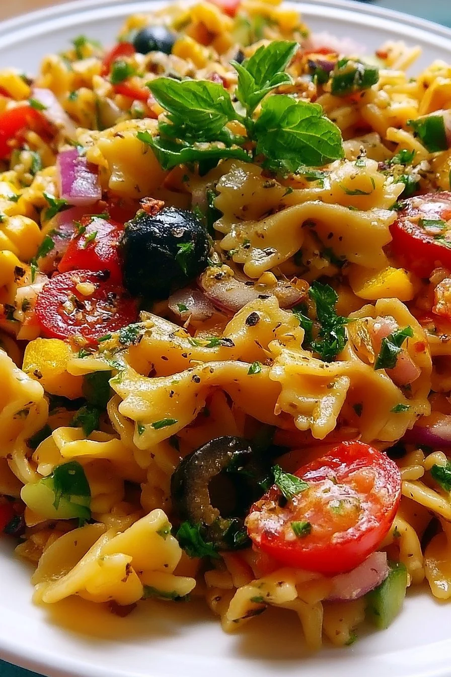 Salade de pâtes méditerranéenne colorée avec légumes frais et herbes.