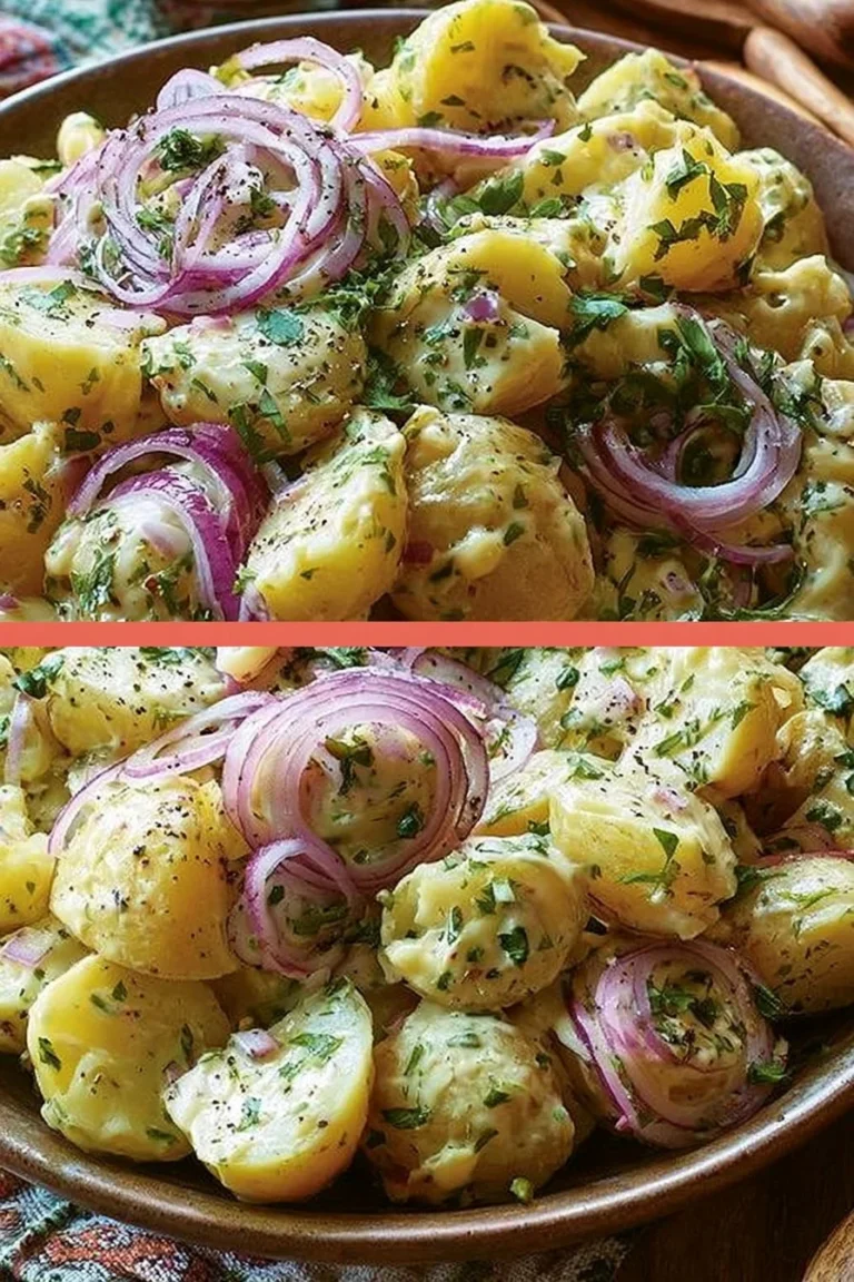 Salade de pommes de terre alsacienne servie dans un plat coloré