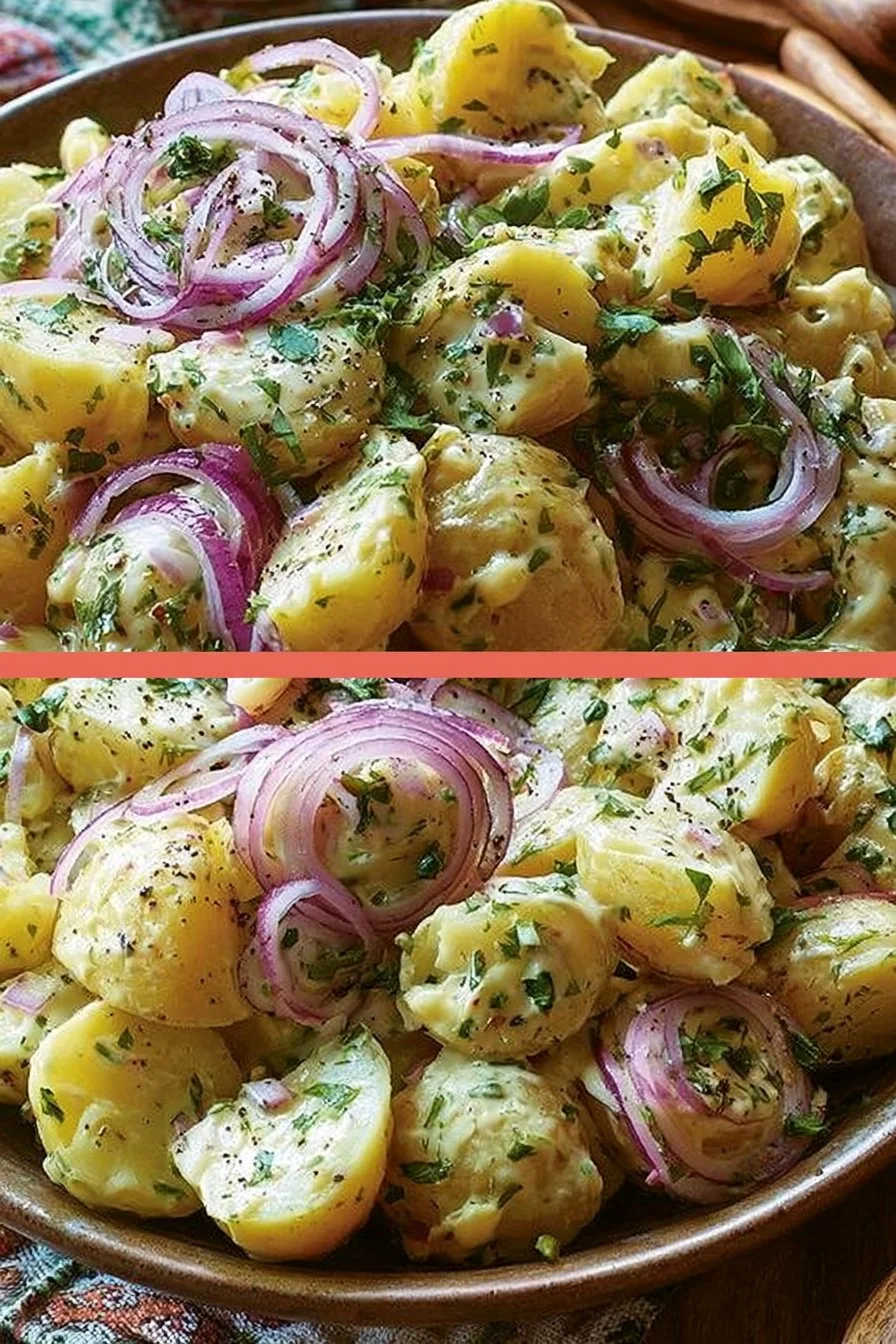 Salade de pommes de terre alsacienne servie dans un plat coloré