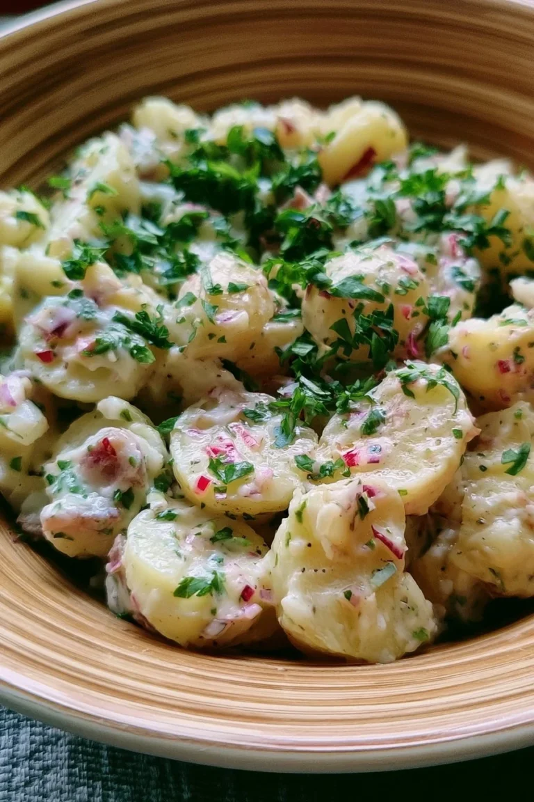 Salade de pommes de terre alsacienne délicieusement préparée avec des ingrédients frais.