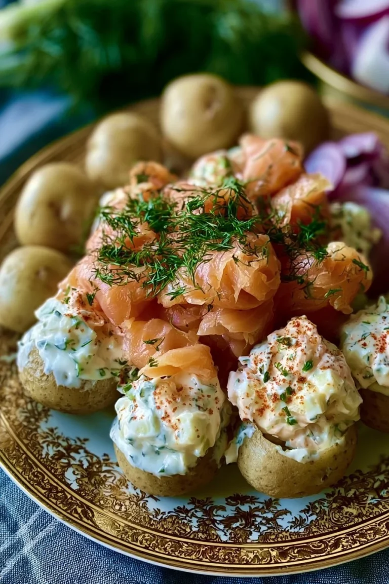 Salade de pommes de terre au saumon fumé avec une sauce crémeuse, servie dans un plat.