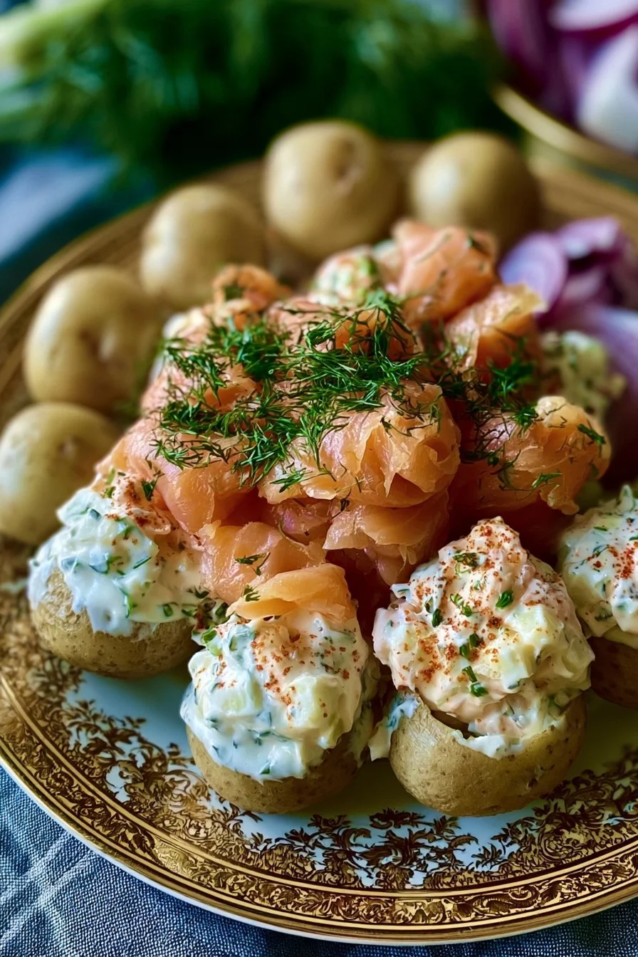Salade de pommes de terre au saumon fumé avec une sauce crémeuse, servie dans un plat.