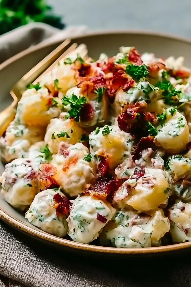 Salade de pommes de terre crémeuse au bacon garnie d'herbes fraîches
