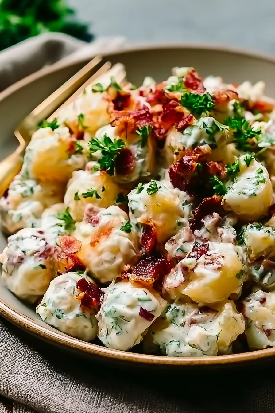 Salade de pommes de terre crémeuse au bacon garnie d'herbes fraîches