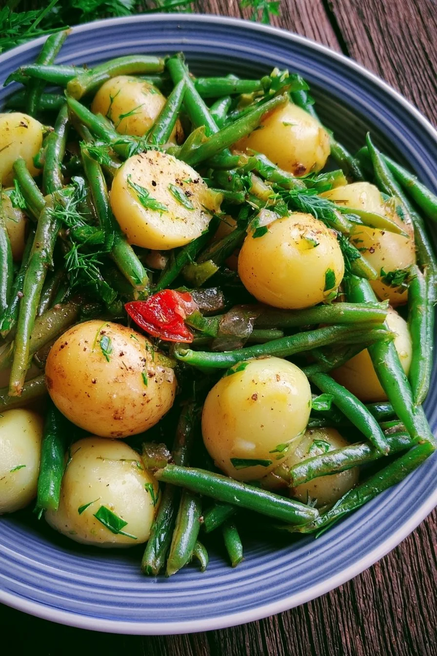 Salade de pommes de terre et haricots verts dans un bol coloré