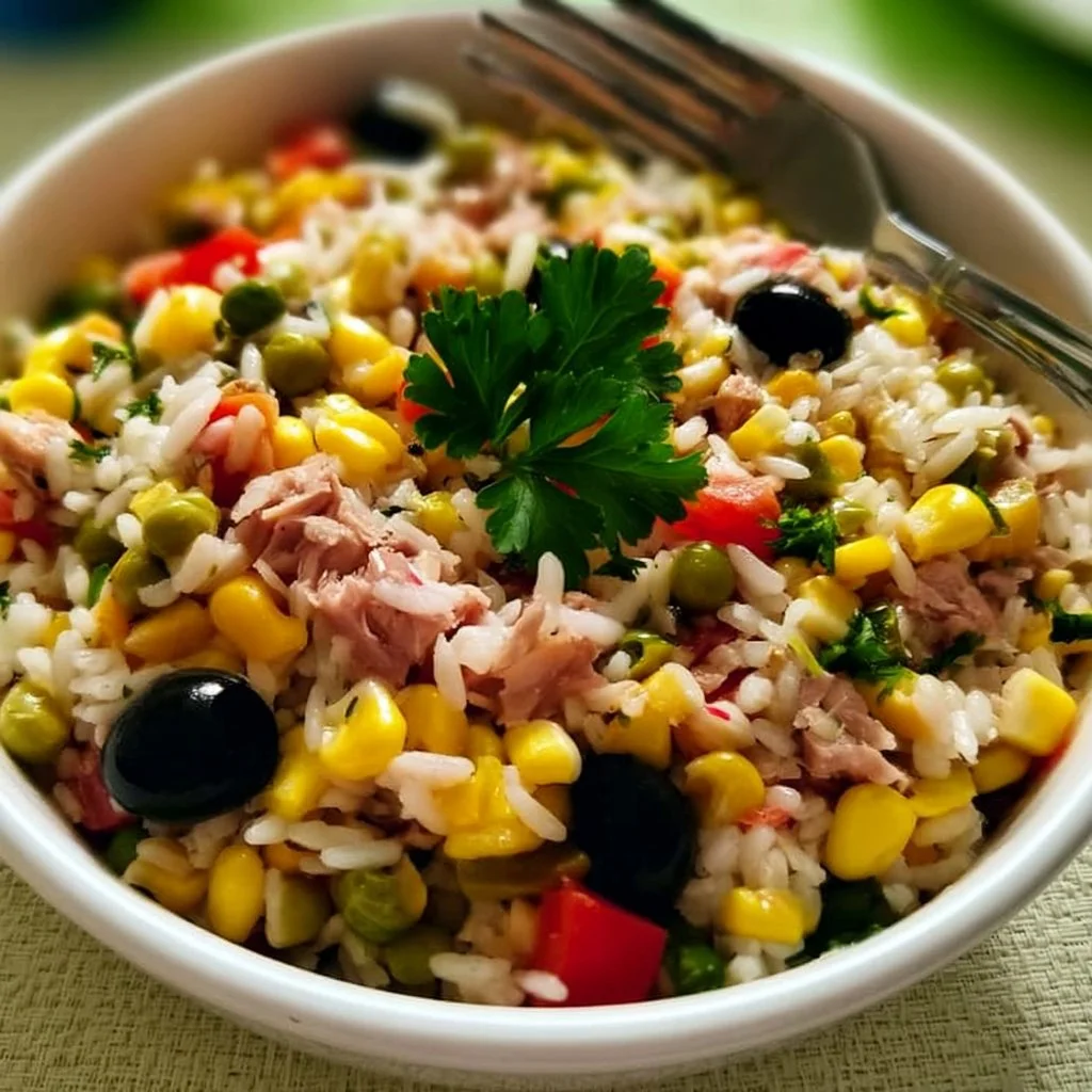 Salade de riz au thon, maïs et olives servie dans un bol