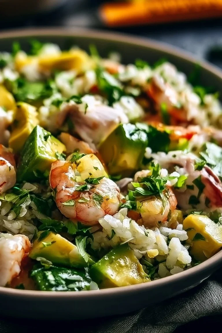 Salade de riz complet aux crevettes et avocat pour un repas sain