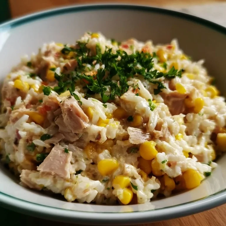 Salade de riz crémeuse avec thon et maïs doux dans un bol coloré