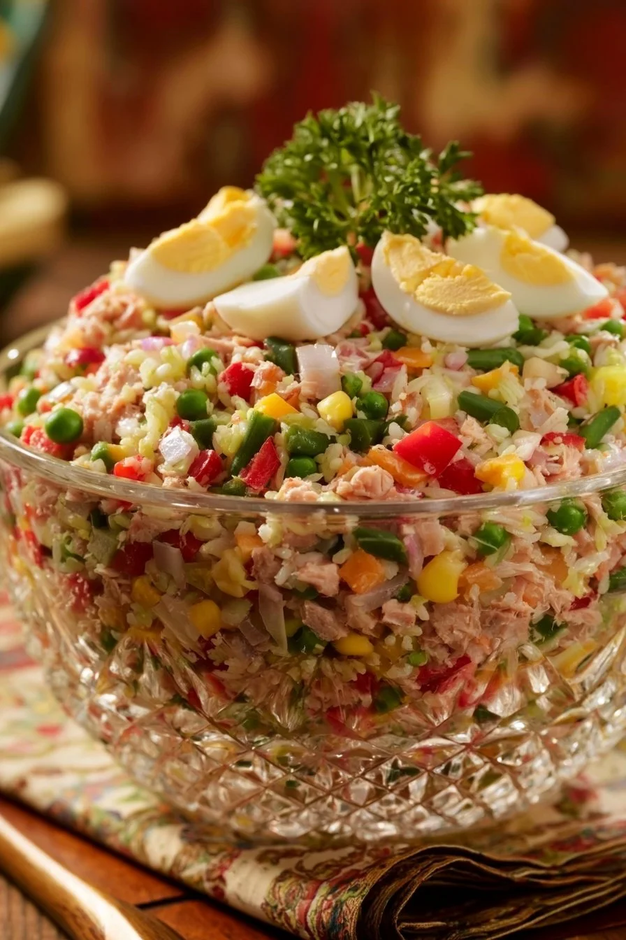 Salade de riz et thon fraîche et colorée dans un bol
