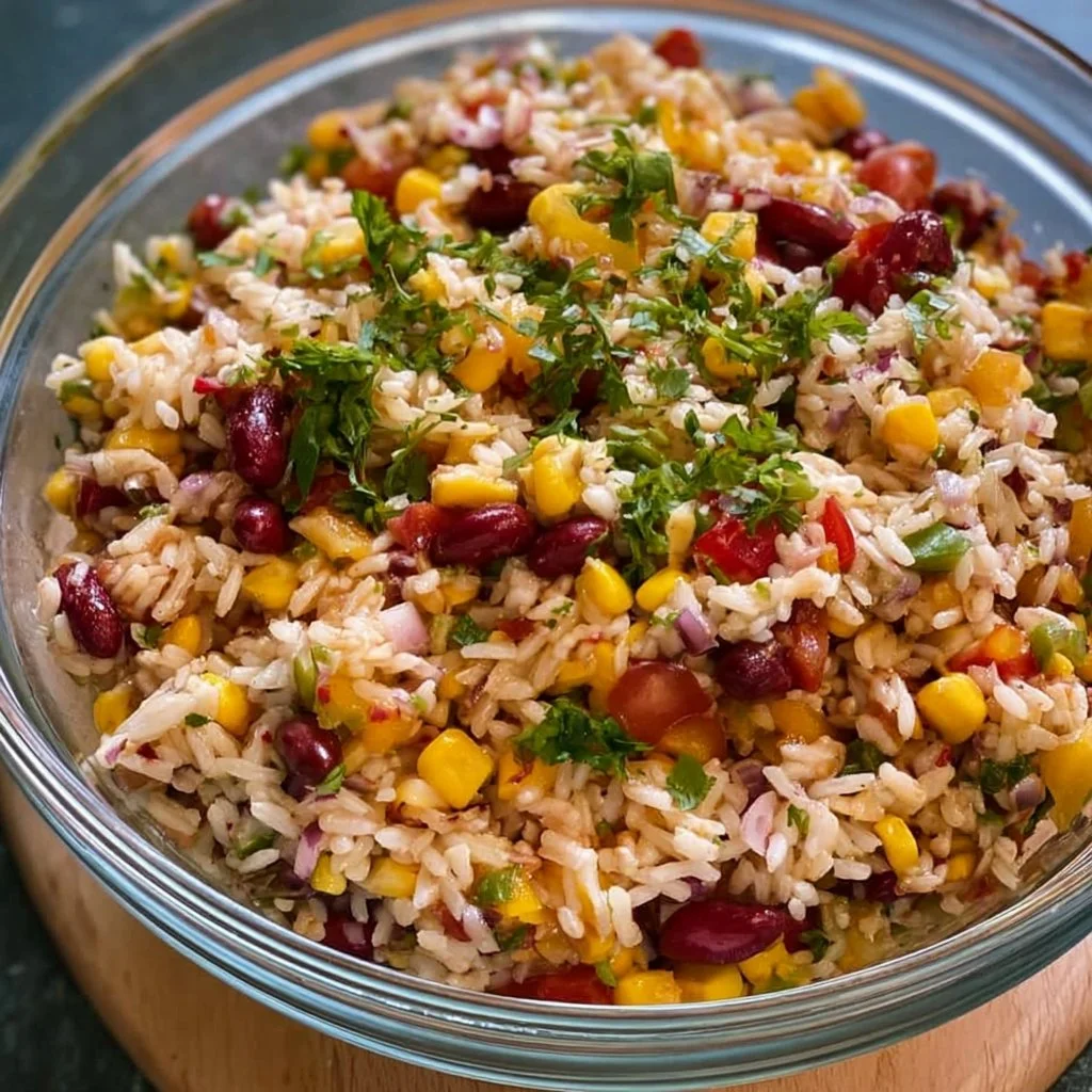 Salade de riz froide aux saveurs mexicaines, garnie de légumes colorés et d'épices
