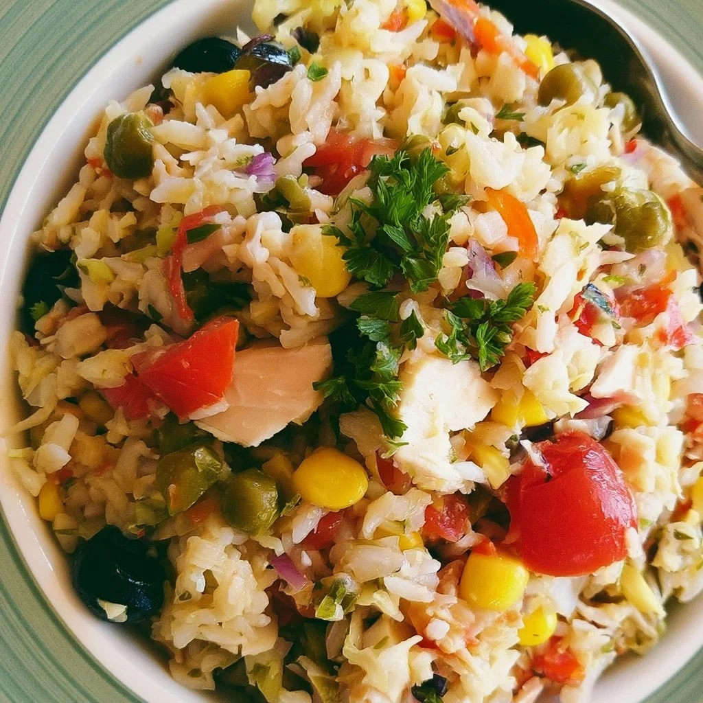 Salade de riz italienne fraîche avec légumes colorés et herbes.
