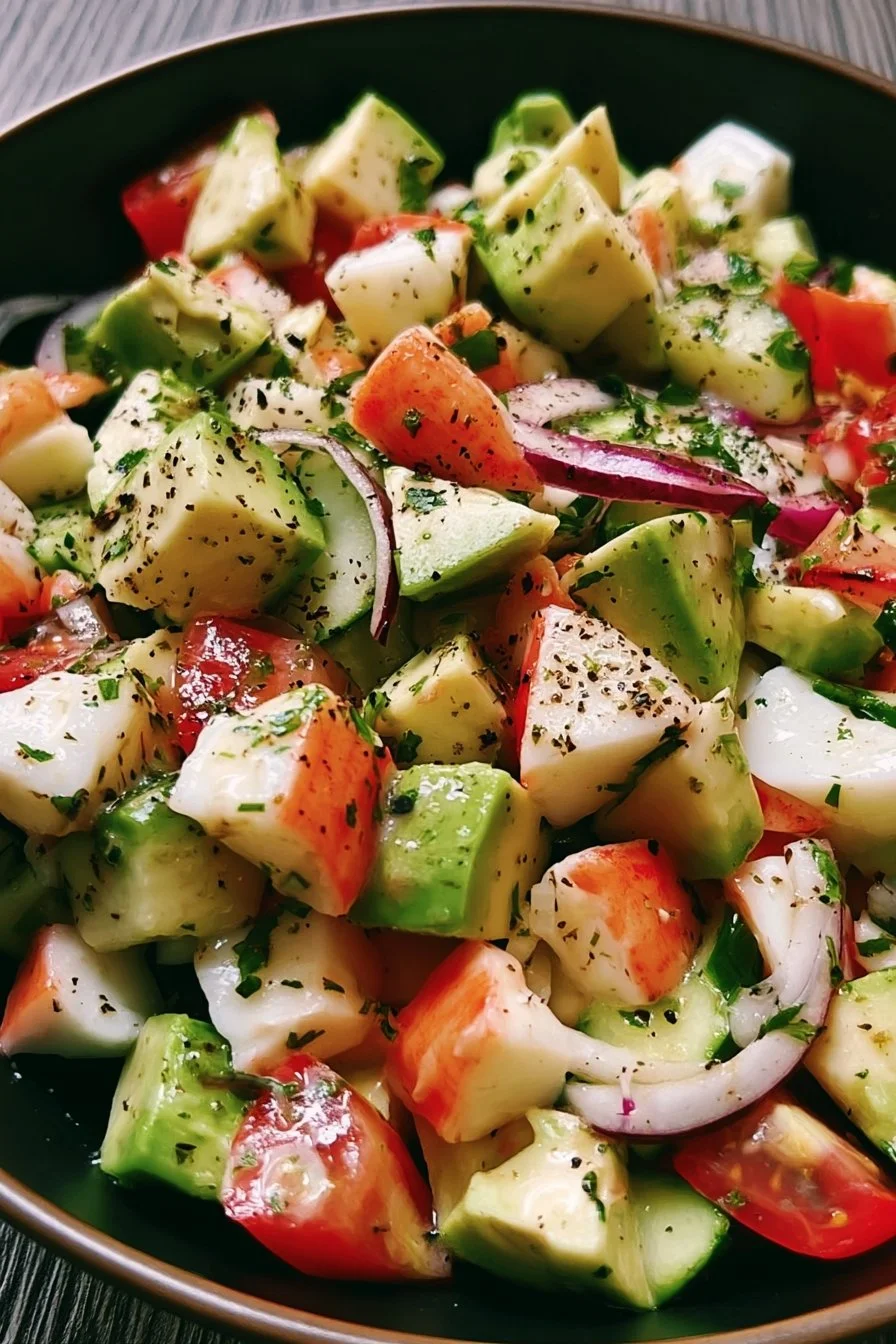 Salade de Surimi avec avocat, fraîche et savoureuse en présentation colorée.