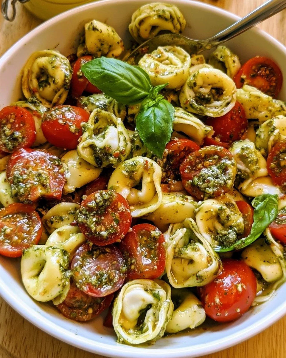 Salade colorée de tortellinis au pesto servie dans un bol