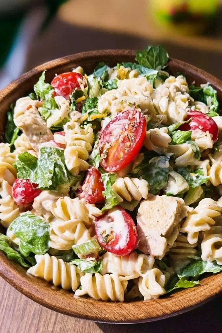 Salade d'été avec pâtes, poulet et sauce césar, parfaite pour un repas léger.
