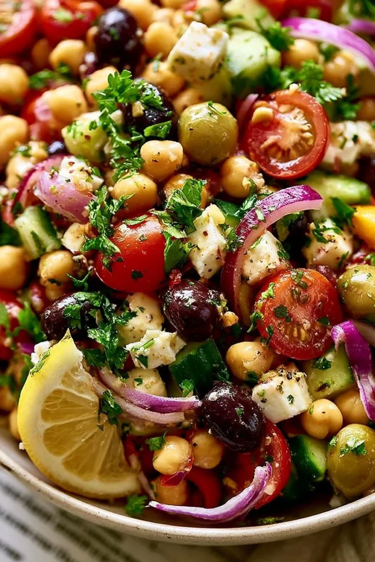 Salade méditerranéenne aux pois chiches et feta avec ingrédients frais et colorés.