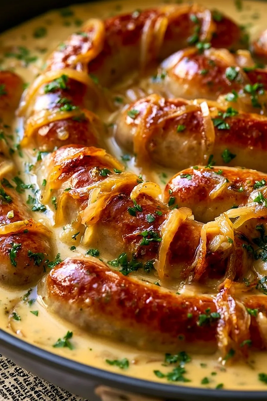 Saucisses avec moutarde et oignons fondants, un plat savoureux et réconfortant.