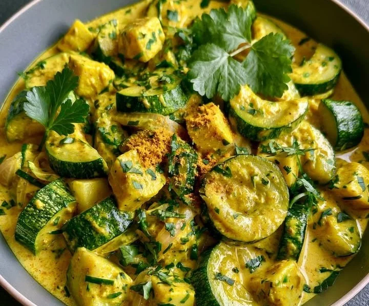 Sauté de courgettes au curry doux et crème de coco dans une assiette colorée.