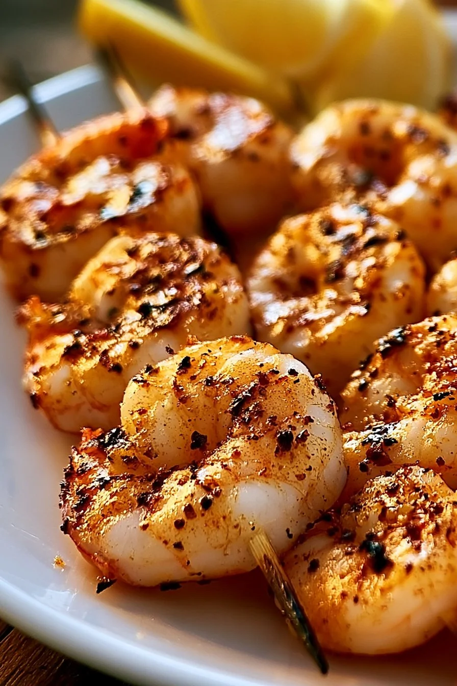 Brochettes de crevettes marinées prêtes à être grillées