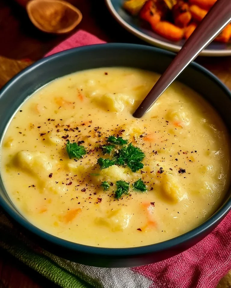 Soupe de chou-fleur au fromage dans un bol, garnie de fromage fondu.