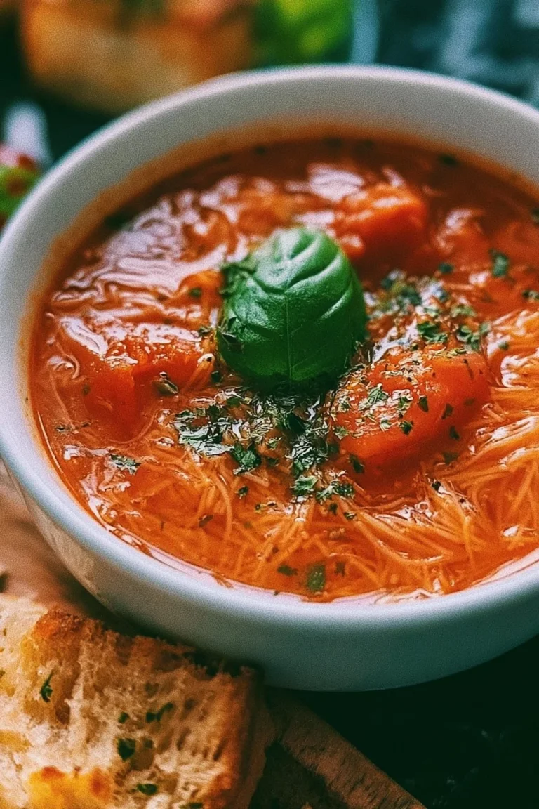 Bol de Soupe Tomates Vermicelles Classique garnie de basilic frais.