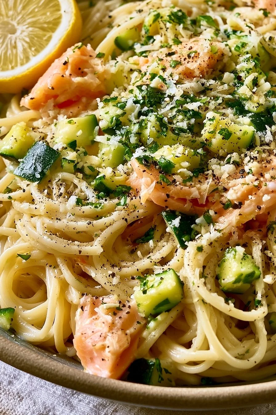 Spaghetti avec saumon fumé et courgettes dans une assiette garnie.