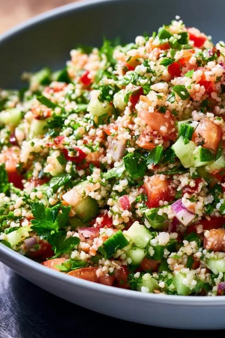 Bowl de taboulé fraîchement préparé avec persil, tomate et boulgour.