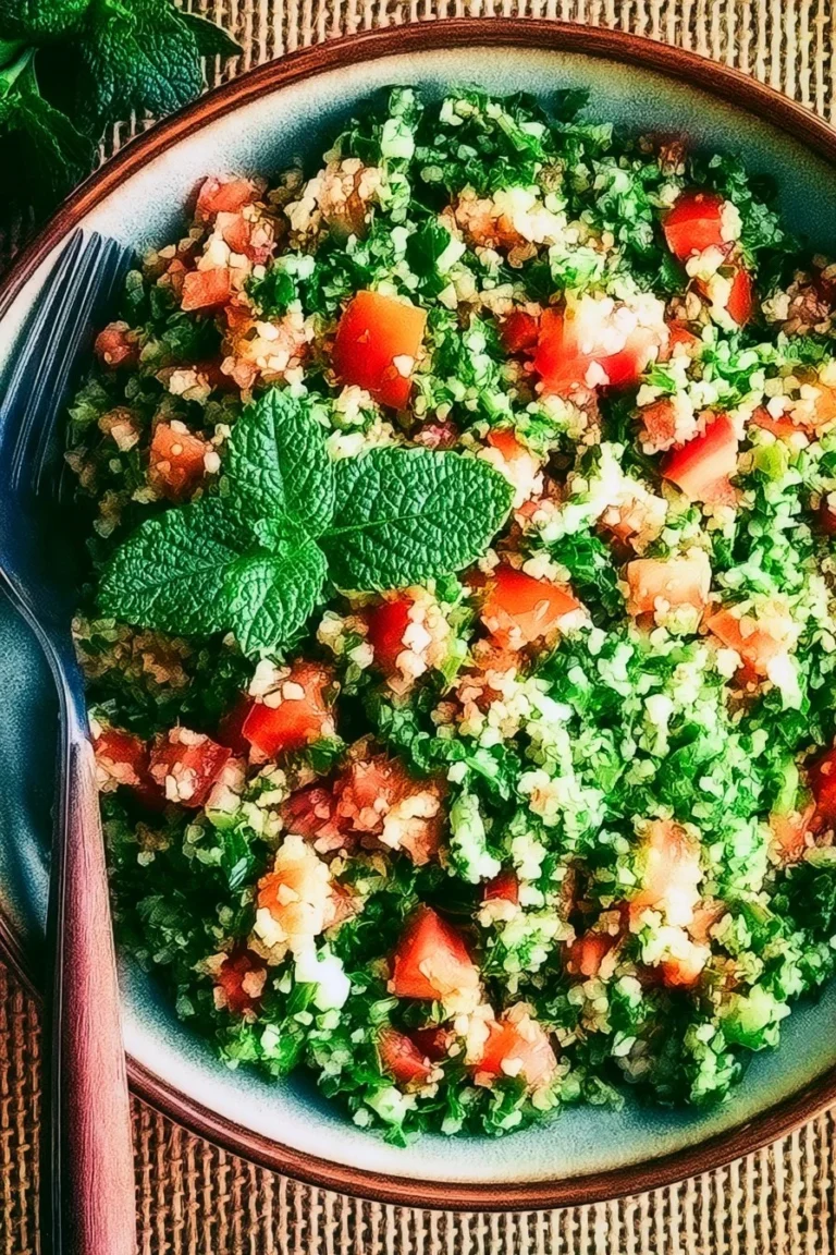 Plat de taboulé garni de légumes frais et d'herbes