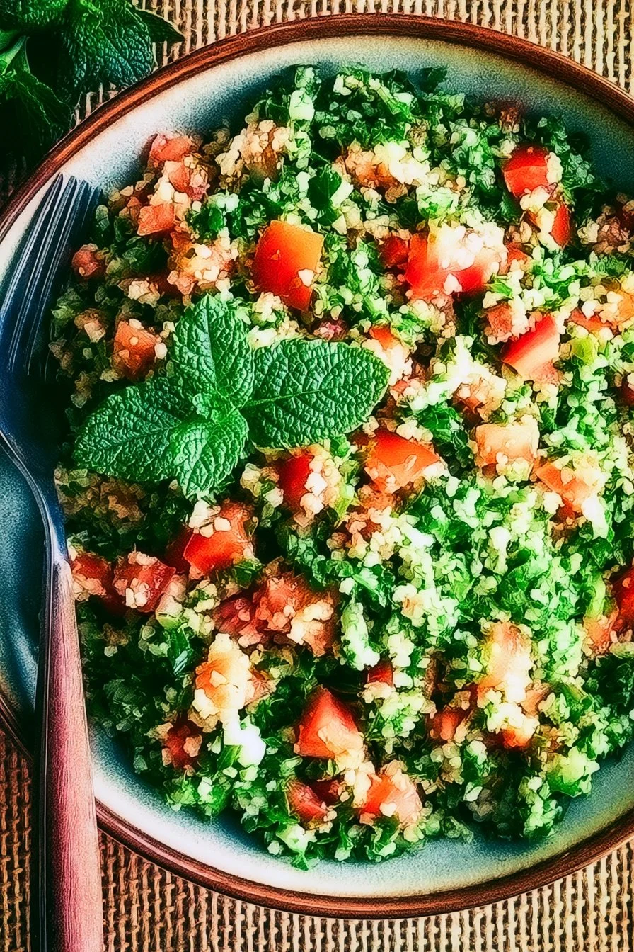 Plat de taboulé garni de légumes frais et d'herbes