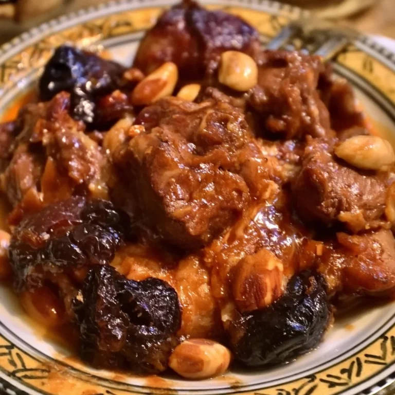 Plat de Tajine de veau aux pruneaux et amandes, garniture appétissante