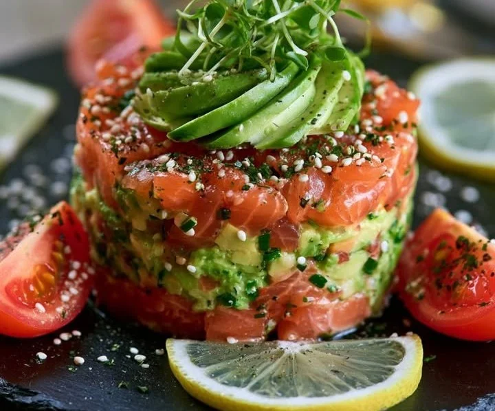 Tartare de saumon et avocat façon restaurant, plat élégant et savoureux.