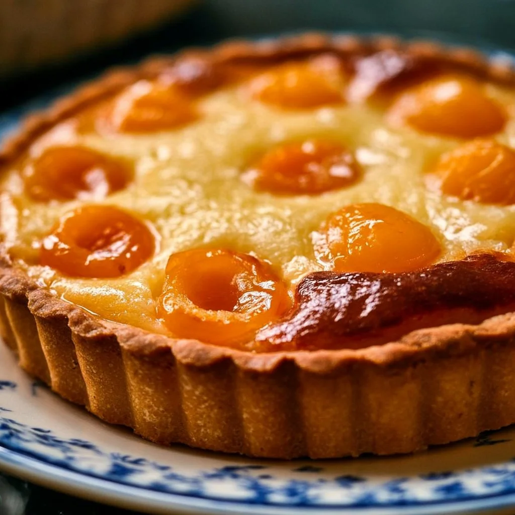 Tarte à la mirabelle garnie de mirabelles dorées sur une pâte croustillante.