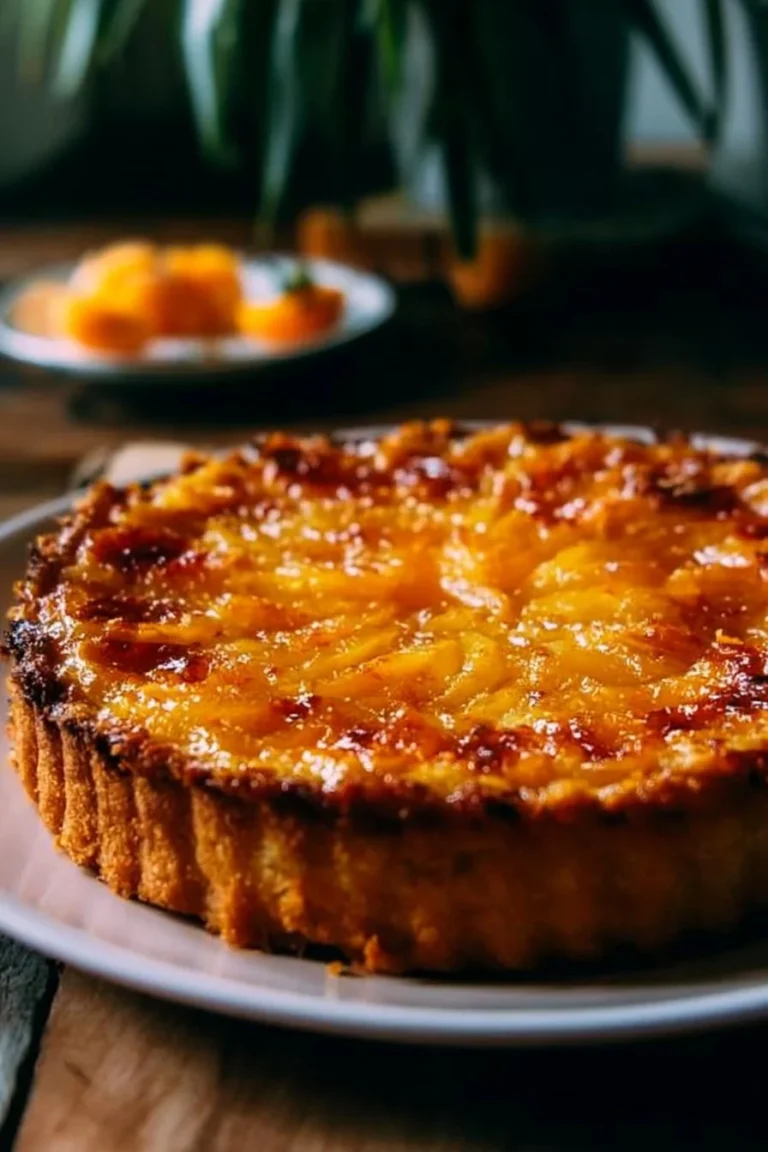 Tarte aux Mirabelles avec prunes dorées sur une table en bois