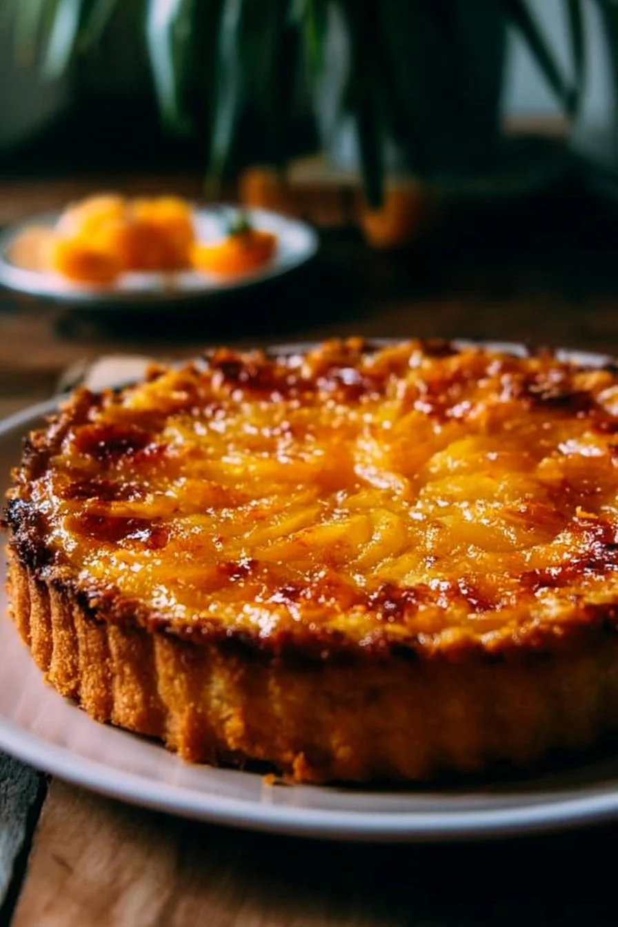 Tarte aux Mirabelles avec prunes dorées sur une table en bois