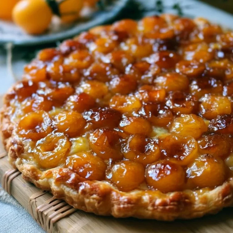 Tarte aux mirabelles faite avec de la pâte feuilletée dorée et juteuse.