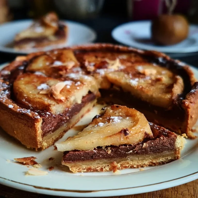 Tarte aux poires, chocolat et amandes sur une assiette gourmande