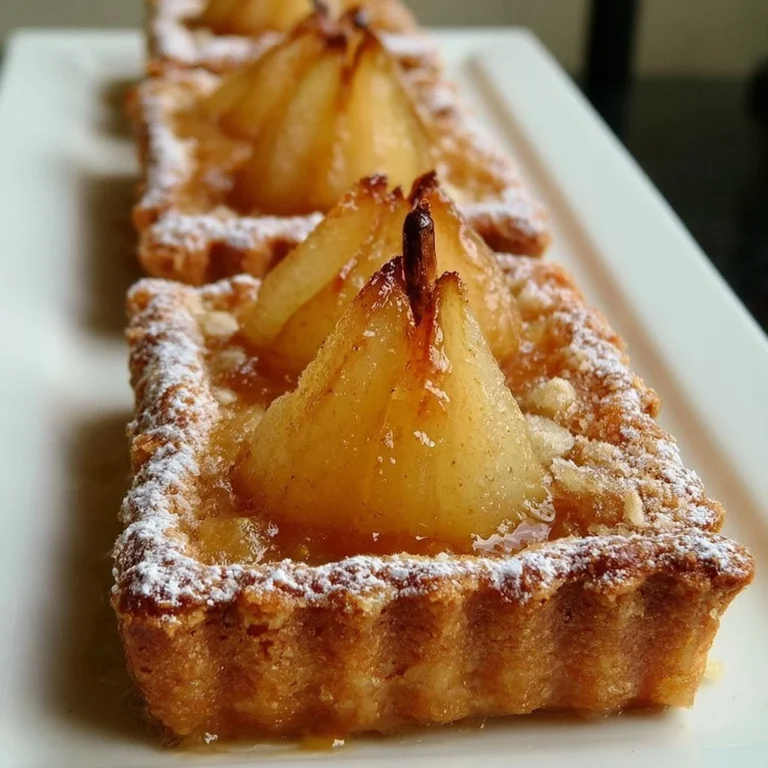 Tarte aux poires française garnie de poires juteuses et de crème délicate.